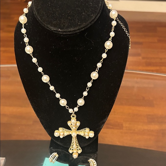 Jewelry - Gold Pearl Cross Pendant Necklace - & earrings Women Jewelry